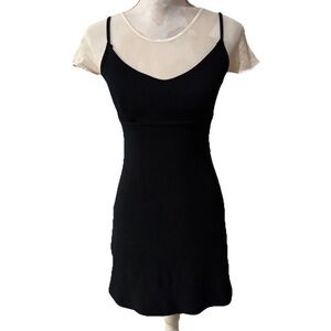 Vtg A.B.S Black Dress Mesh Under Top Petite Y2K Midi 90s Fairy LBD Academia